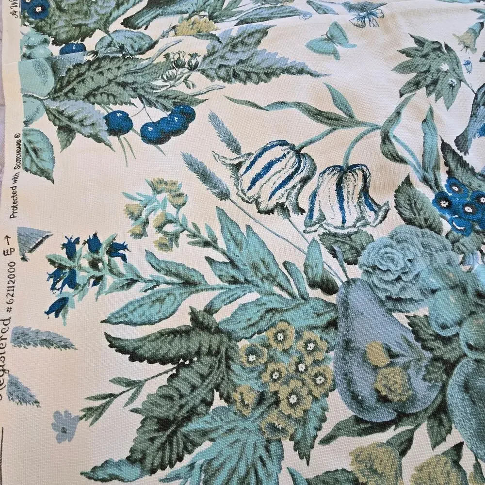 Vintage Waverly Fabric Remnant Plymouth Document Blue Yellow Green Birds READ DS